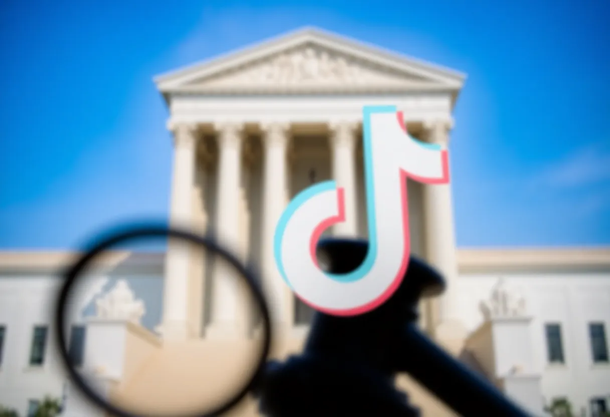 The Supreme Court building with TikTok logo blurred in the foreground