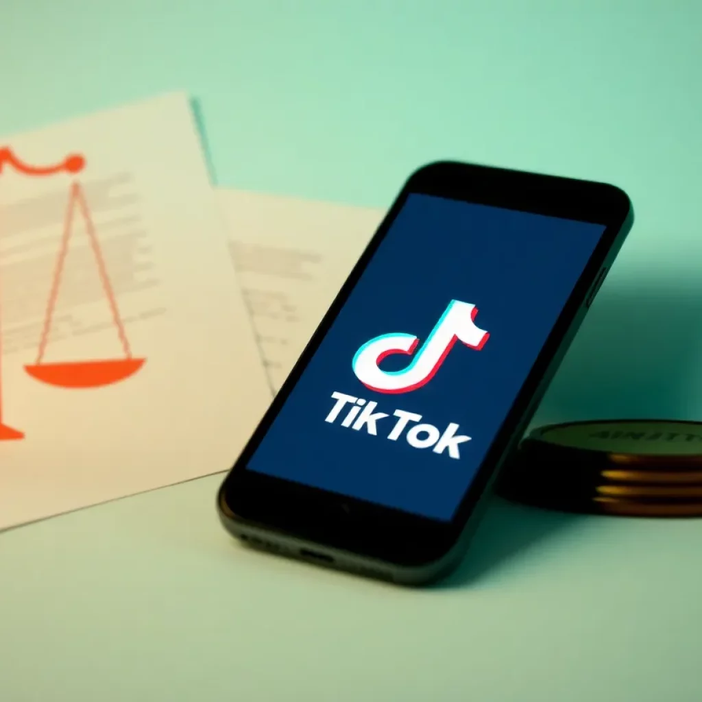 Illustration of TikTok app on smartphone with legal symbols.