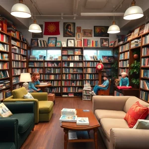 Inside Troubadour Booksellers showcasing bookshelves and cozy seating areas.