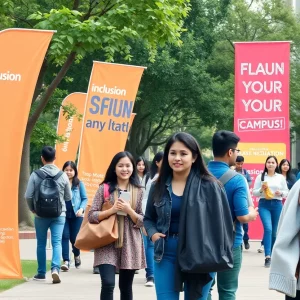 A diverse group of students engaged in academic activities on a university campus.