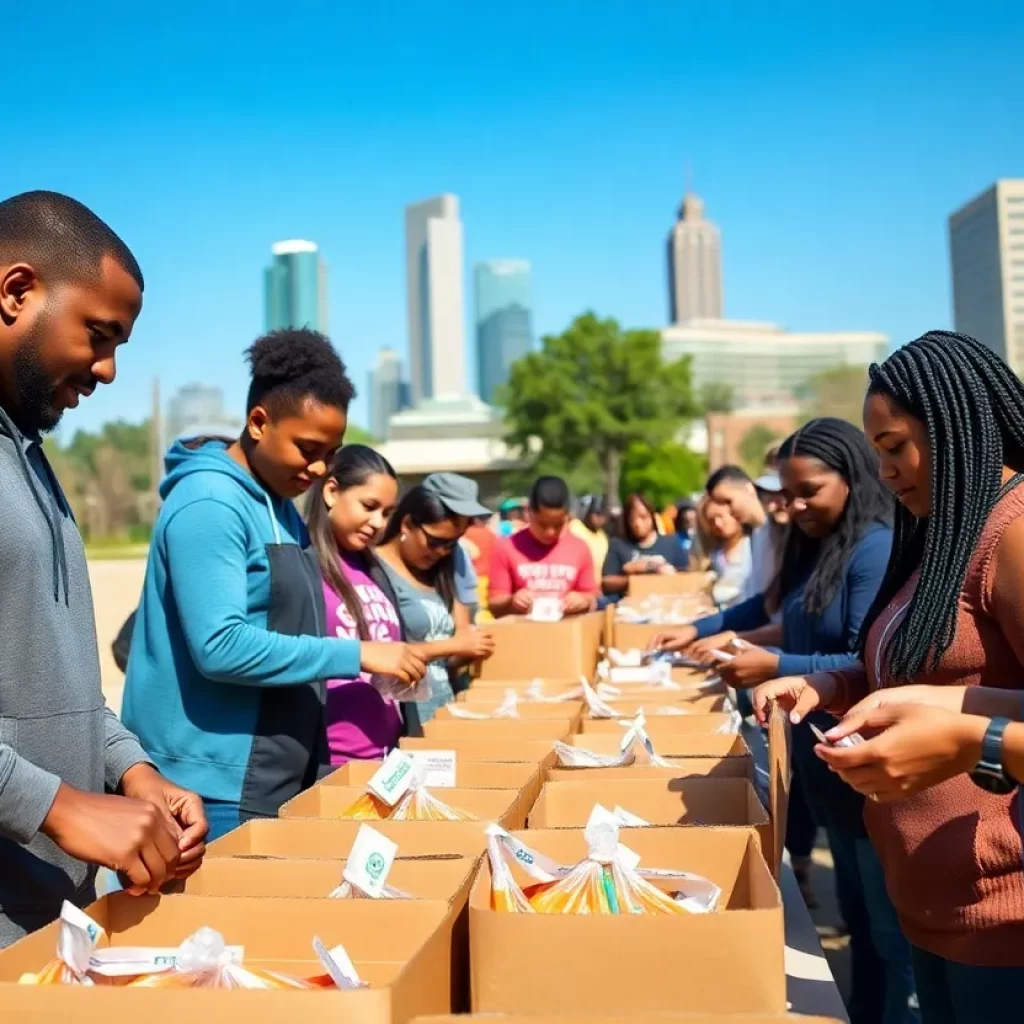 A group of volunteers assembling snack kits for the community