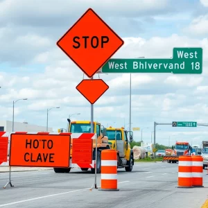 Road closure sign on West Boulevard in Charlotte with construction activity in the background