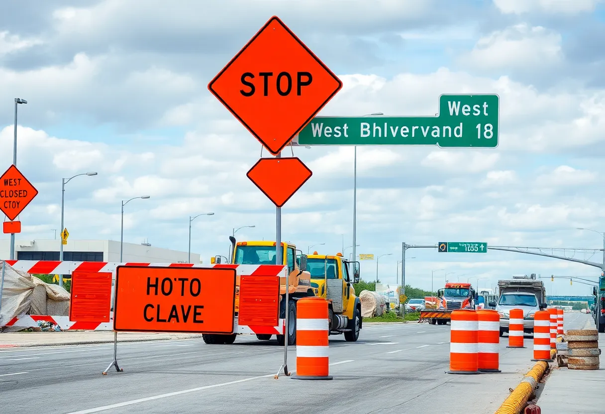 Road closure sign on West Boulevard in Charlotte with construction activity in the background