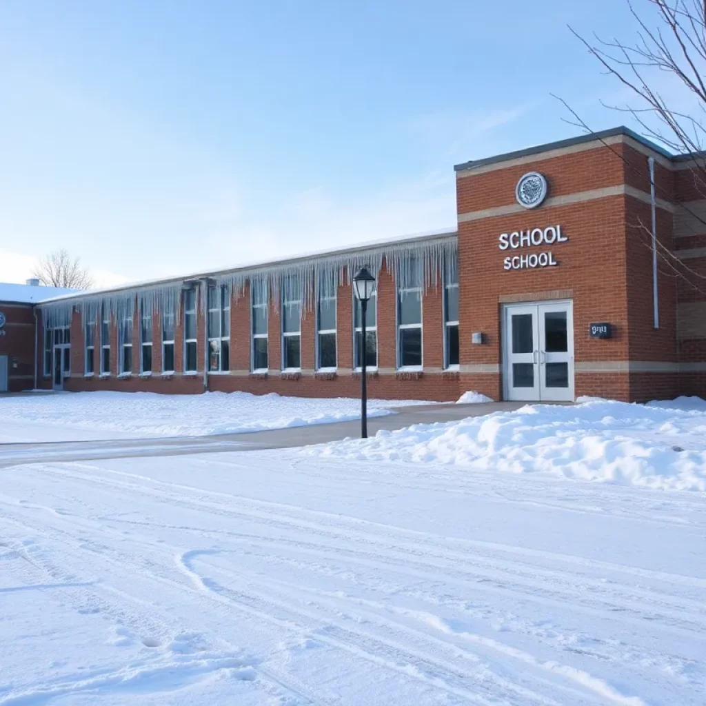 Frozen school building in North Carolina during ice storm