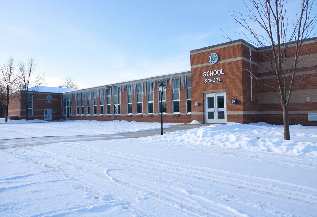 Frozen school building in North Carolina during ice storm