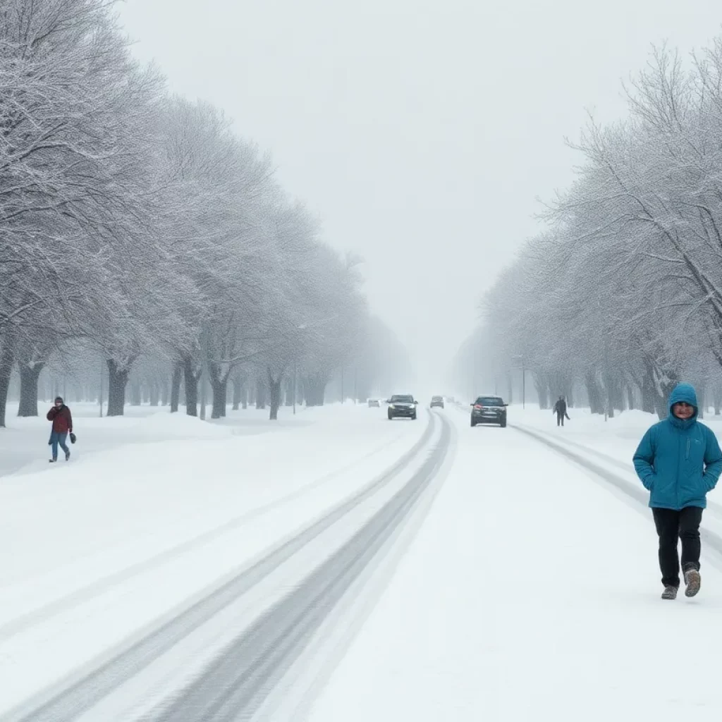 A winter storm covers the landscape with heavy snow in the Eastern United States.