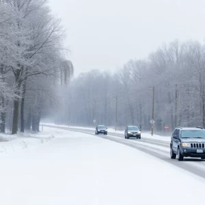 Snow-covered road in the Carolinas during winter weather