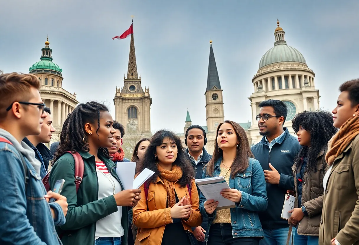 A group of young activists discussing around historic D.C. landmarks.