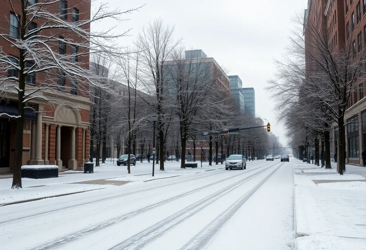 Snowy street in Charlotte, NC during winter weather