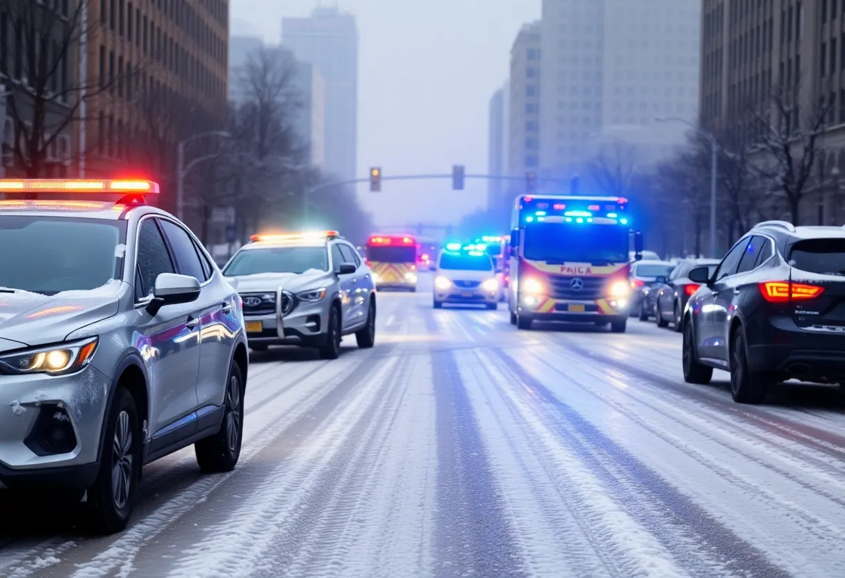 Icy roads in Charlotte with snow and emergency services