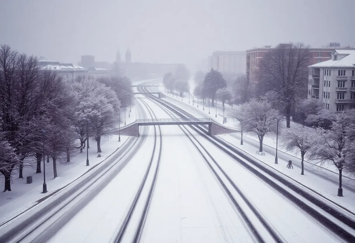 Snow-covered streets in Charlotte, North Carolina during winter weather.