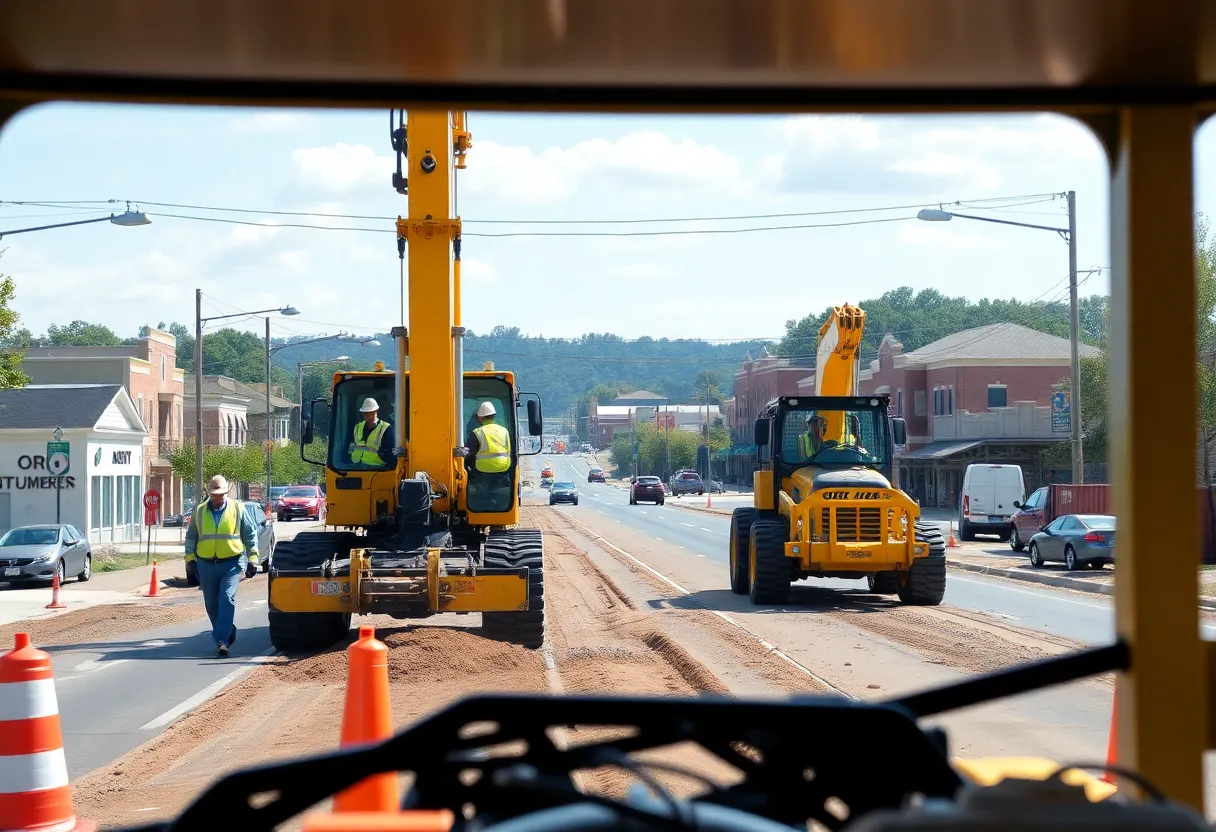 Construction workers and machinery on a busy road in Cornelius, NC