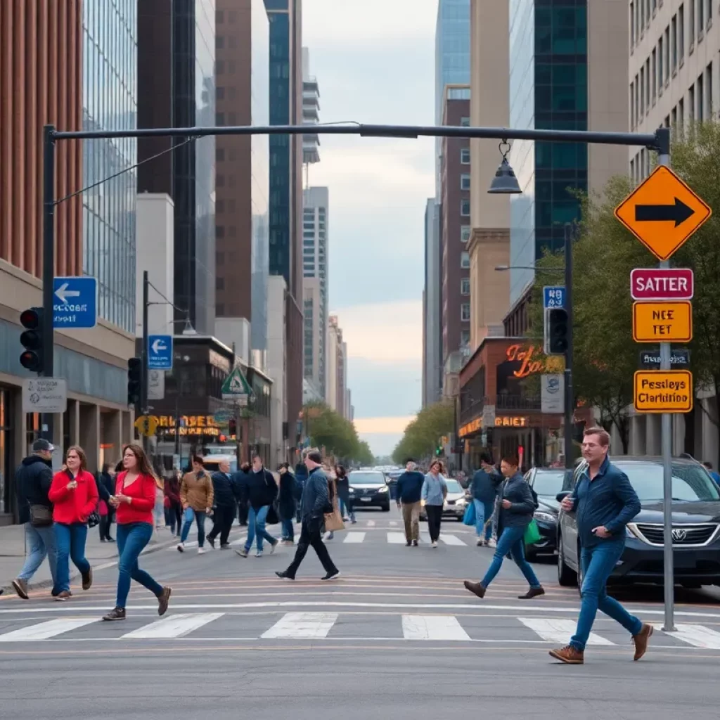 Busy street in Uptown Charlotte showing pedestrian activity